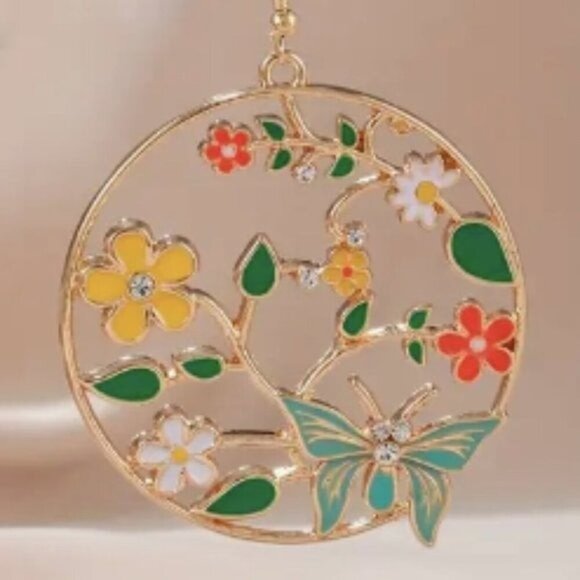 24k Gold Plated Flower Butterfly Water Drop Hoop Earrings - Picture 5 of 6